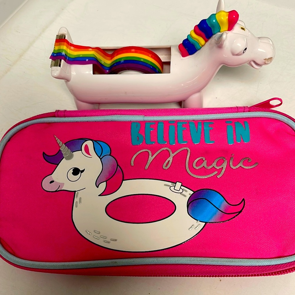 Pencil case/tape dispenser combo. Rainbow tape 🌈 🦄 Believe in magic!